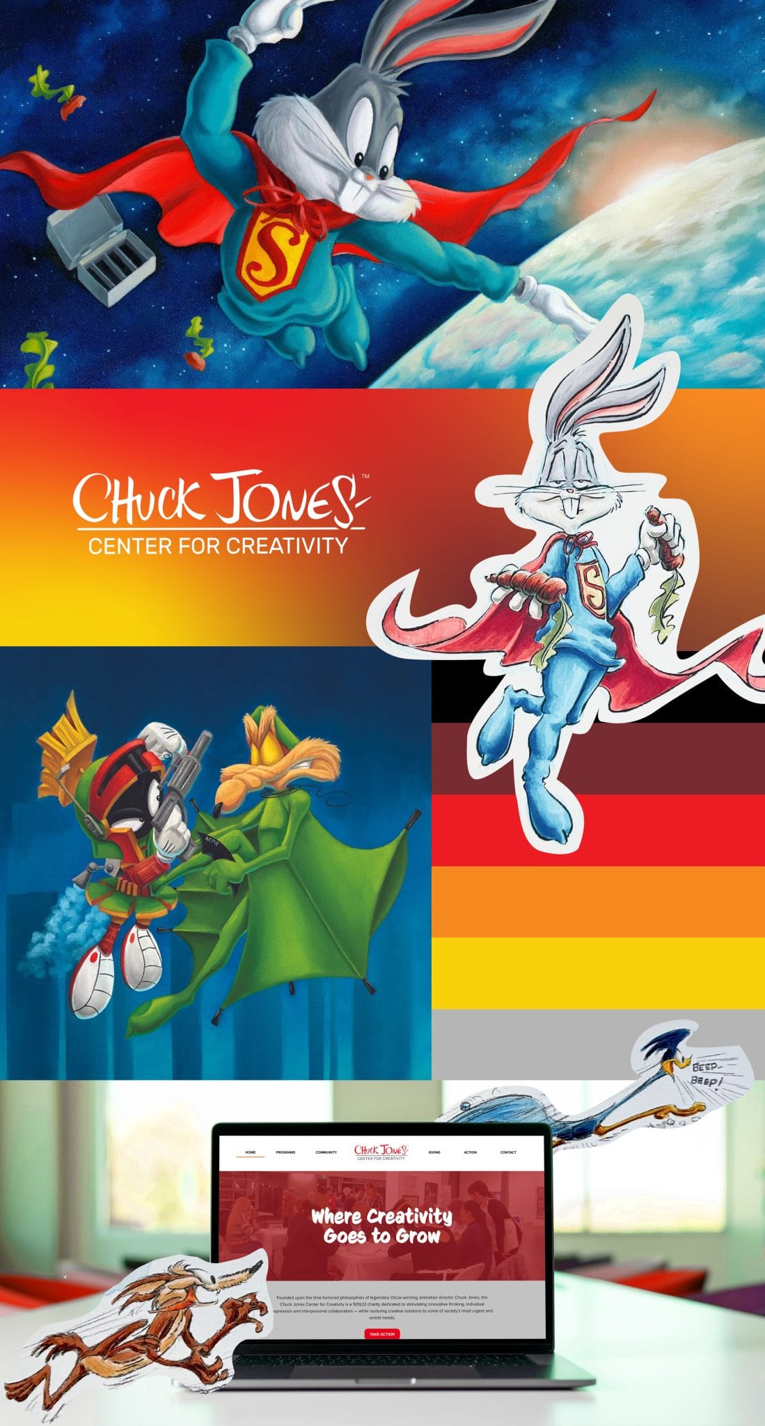Chuck Jones Center brand work: Super Bugs Bunny artwork, character stickers, colour palette and the website