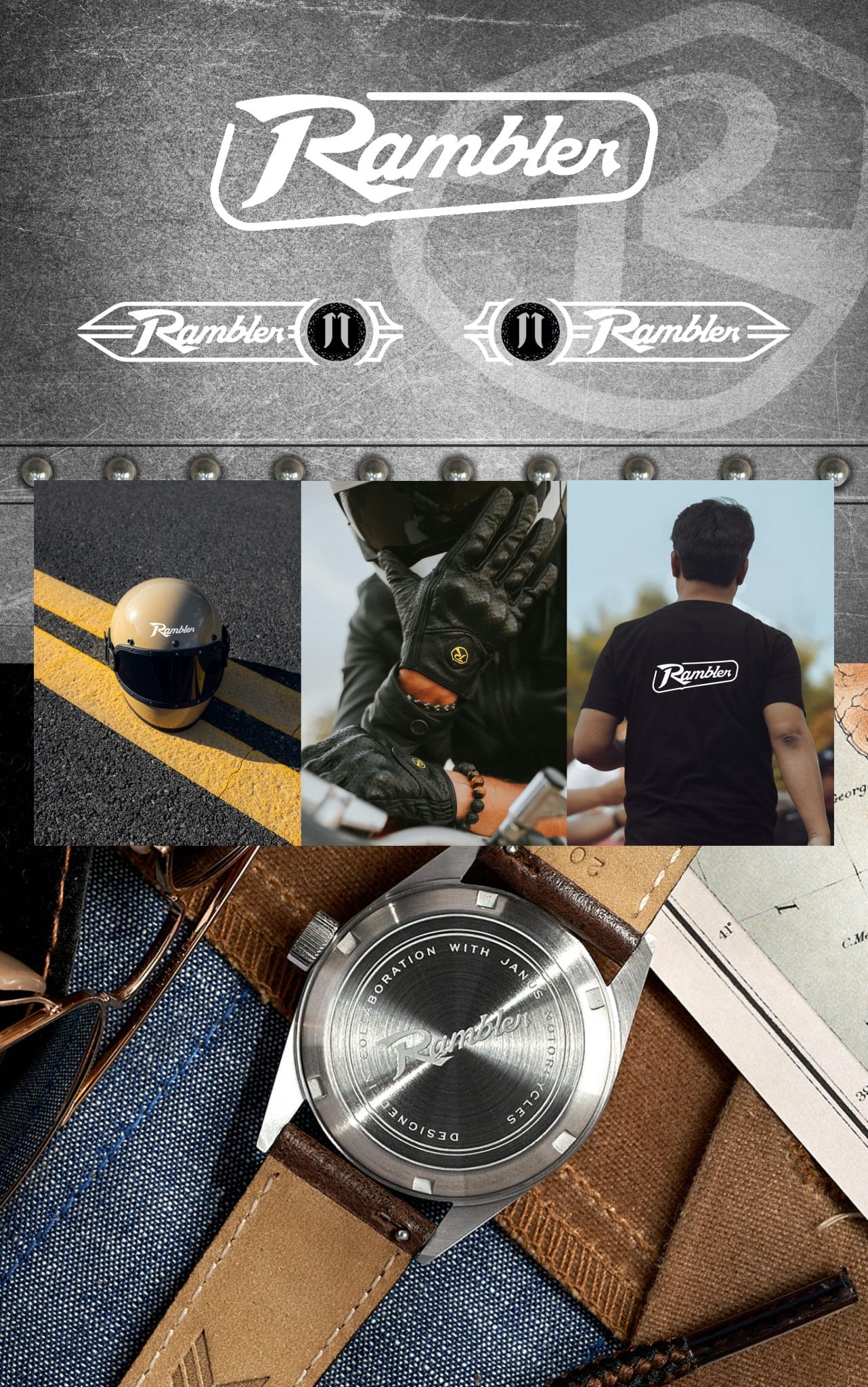 Janus Rambler sub-brand: logo lockups, helmet, riding gloves, T-shirt and an engraved watch caseback