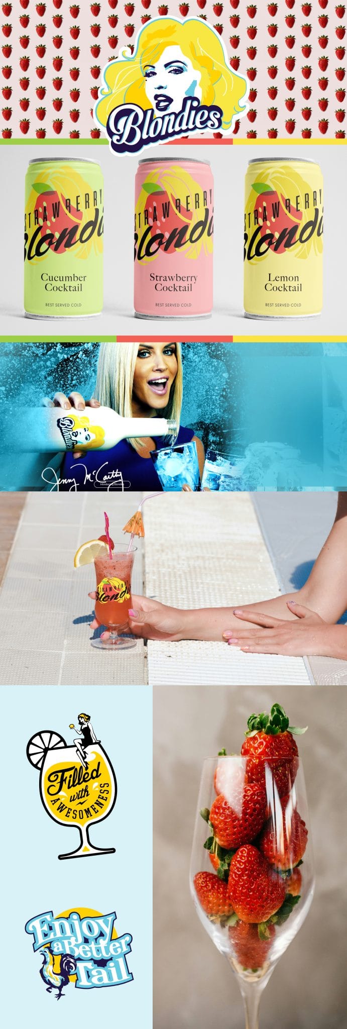 Blondies brand board: the illustrated logo, three cocktail cans, poolside photography and playful stickers