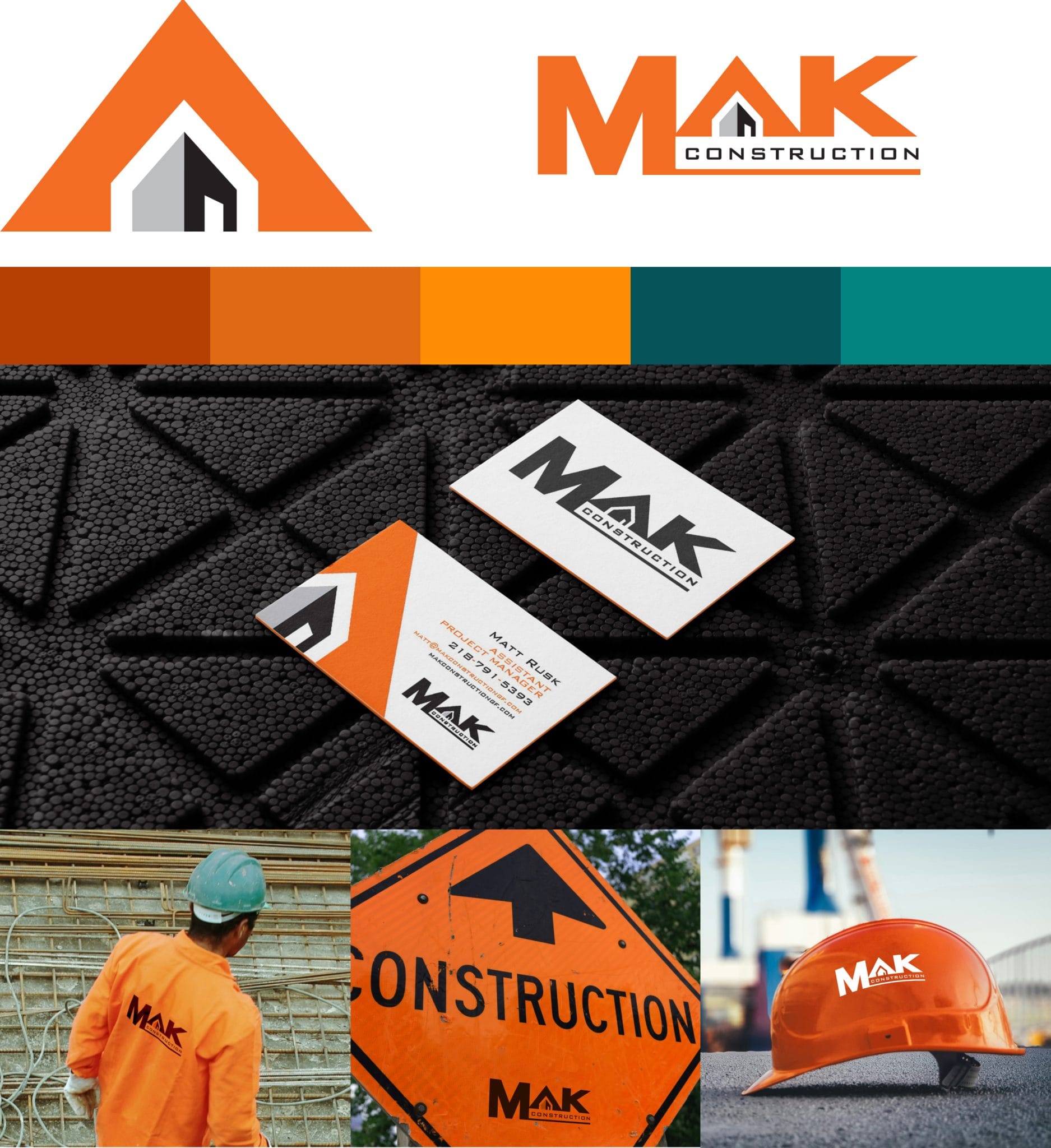 MAK Construction brand board: logo, orange and teal palette, business cards, hard hat and site signage