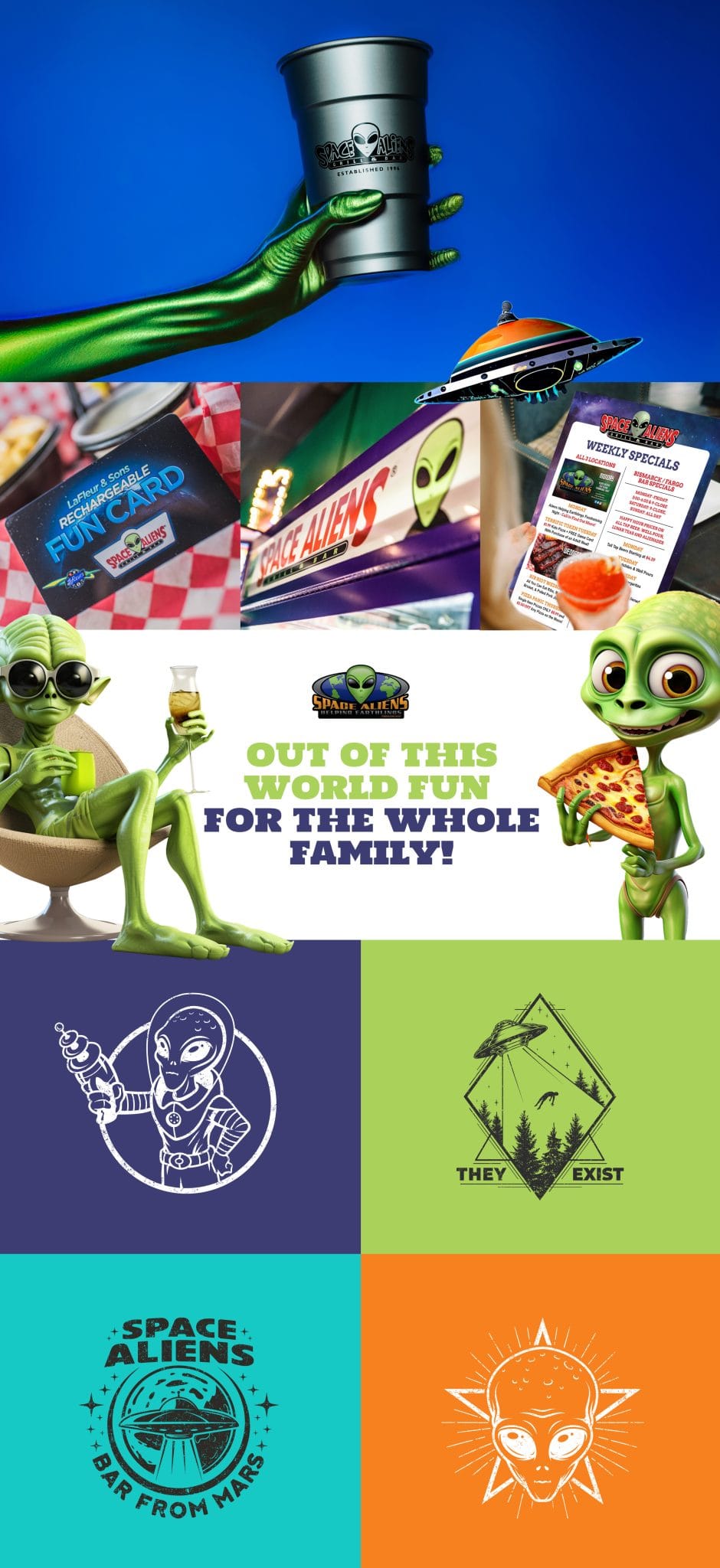 Space Aliens brand work: a branded cup, fun card, storefront sign, specials menu and alien character art