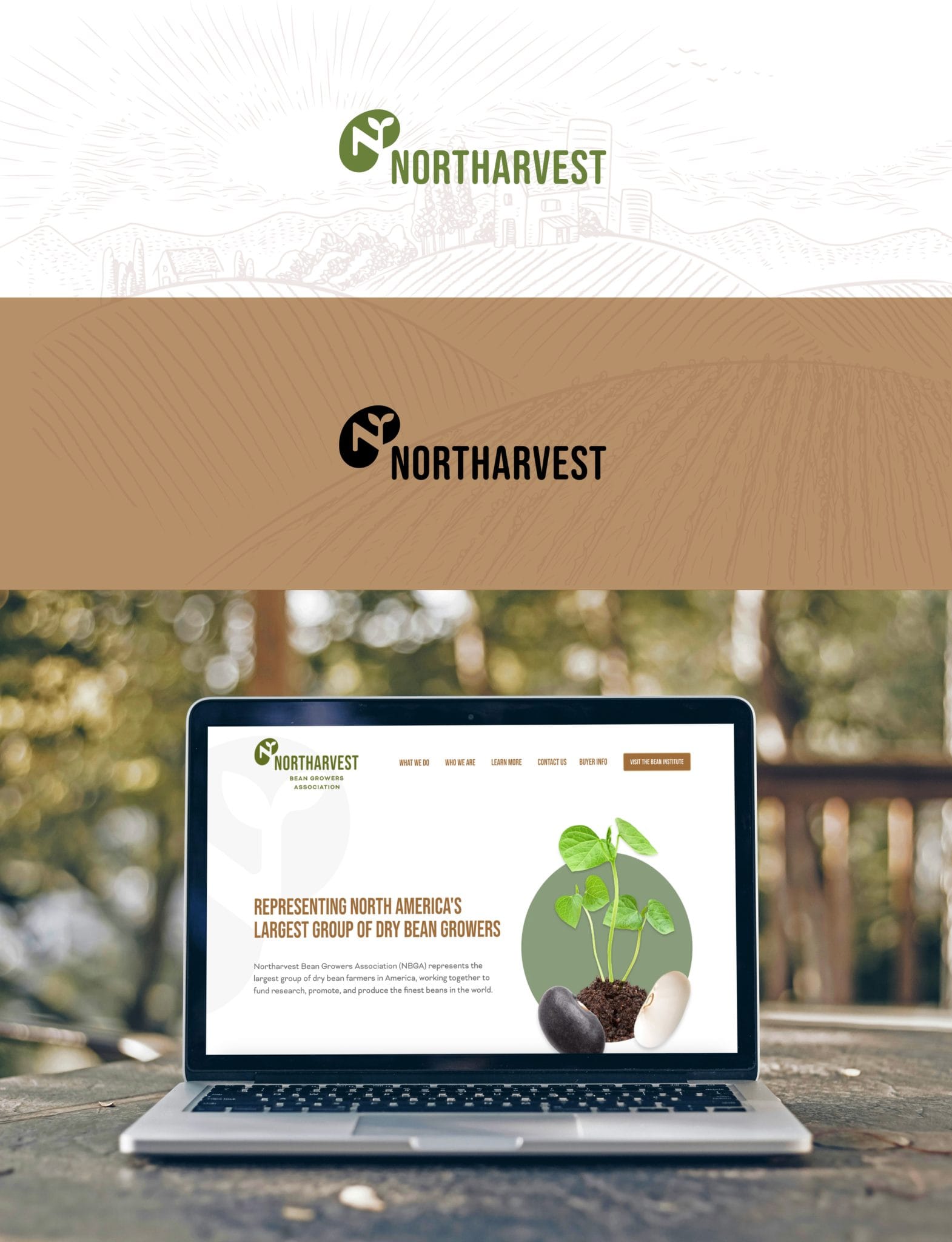 Northarvest logo in green and black on farmland illustrations, with the website shown on a laptop