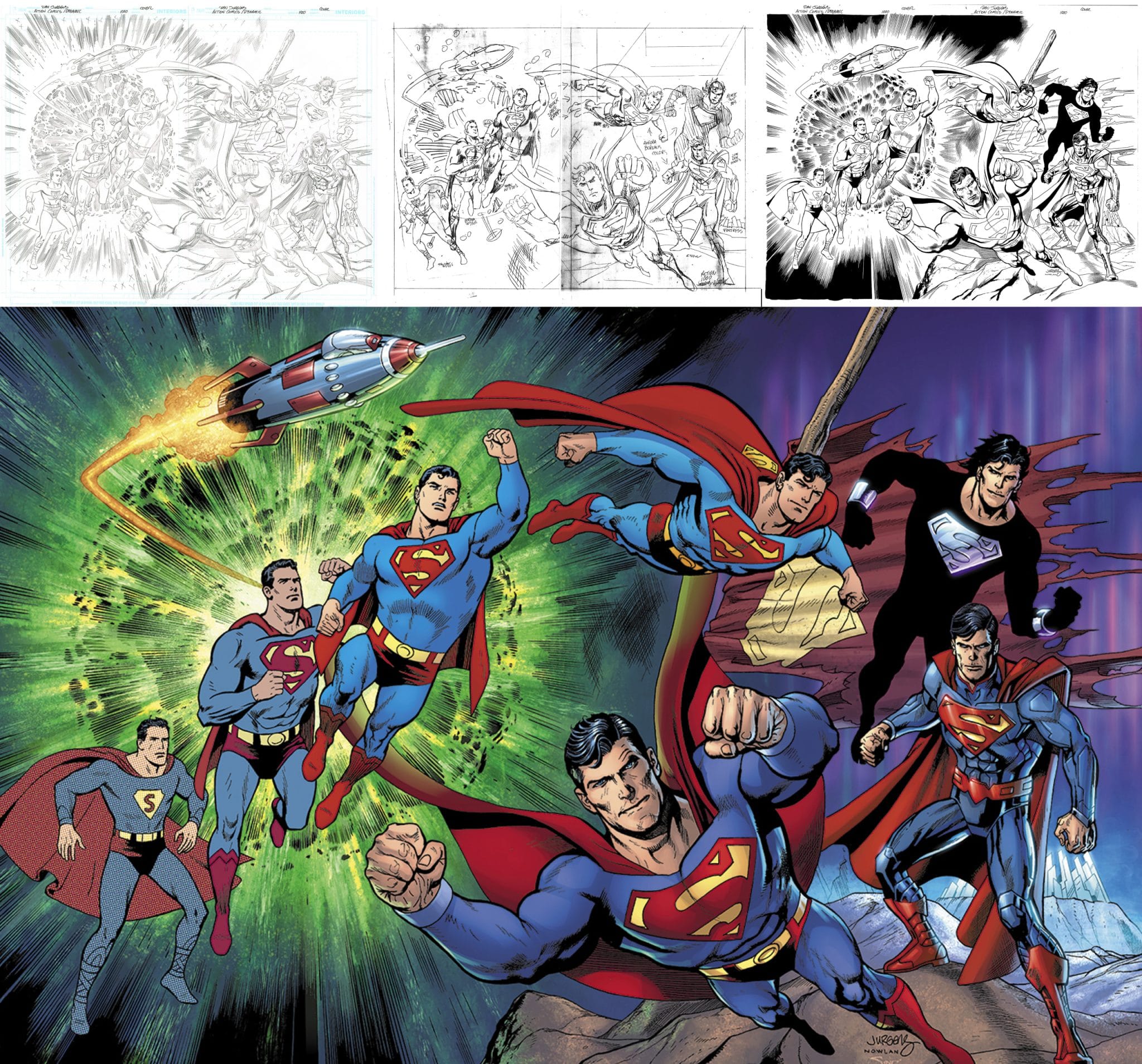 Dan Jurgens Superman artwork from pencils through inks to the finished colour illustration