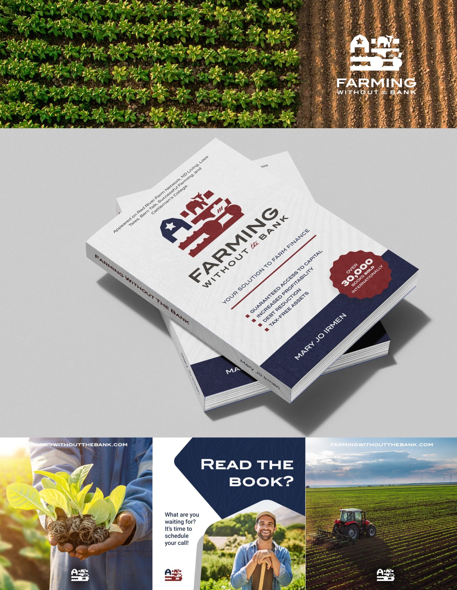 Farming Without the Bank branding: aerial farmland, Mary Jo Irmen's book and campaign web banners