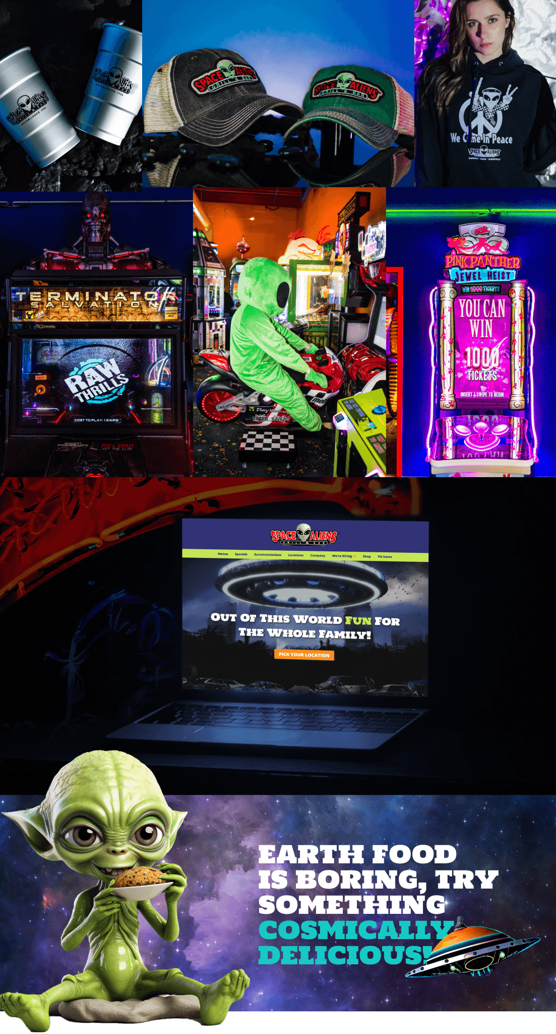 Space Aliens merchandise, arcade interiors and website shown with an alien mascot advertising the food