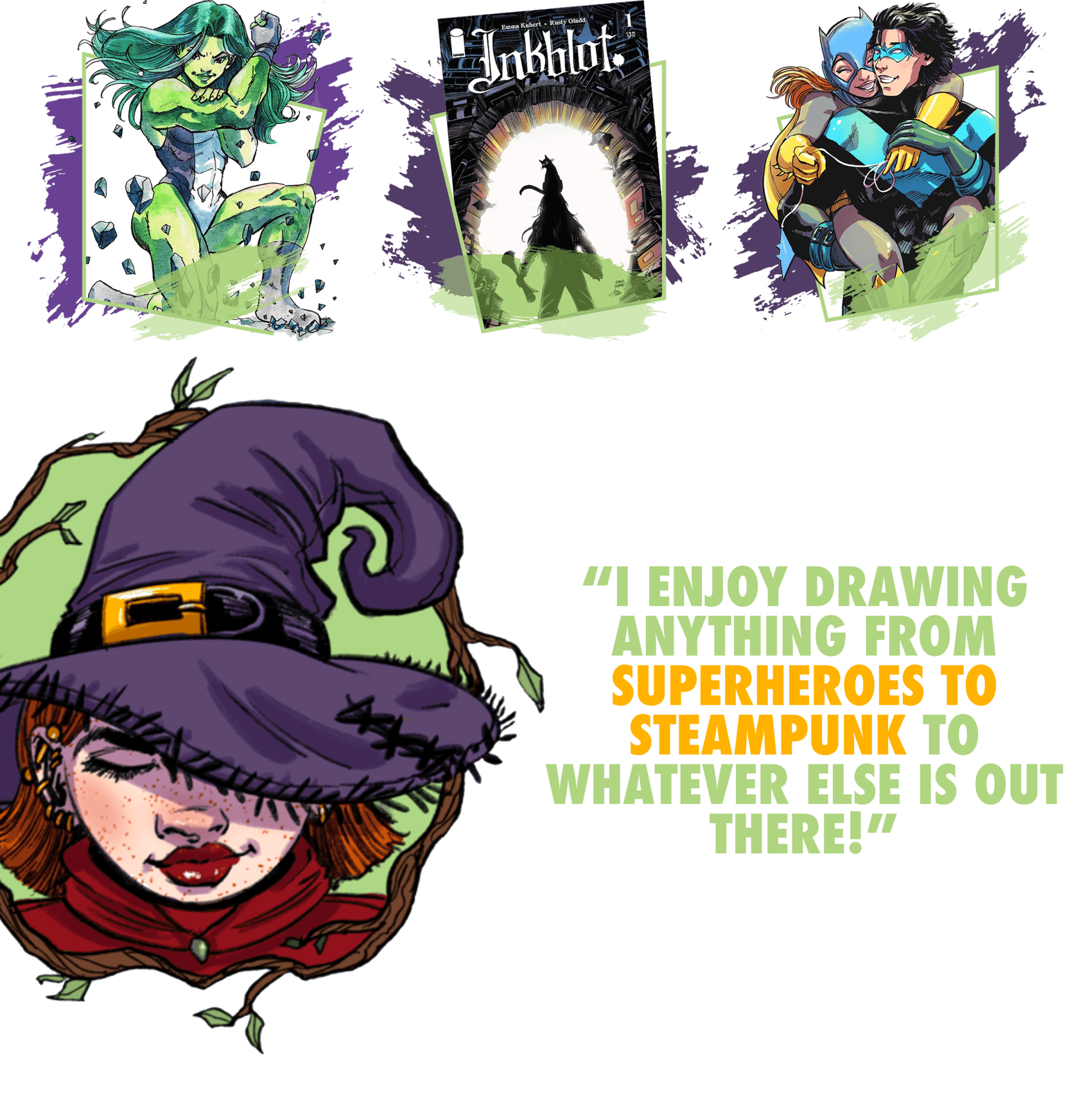 Emma Kubert comic art samples including the Inkblot cover, alongside her witch character and a quote about drawing