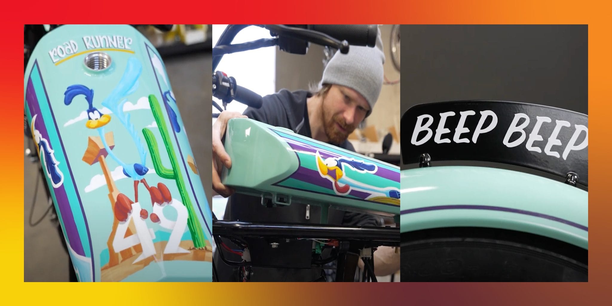 Road Runner themed custom motorcycle: painted teal tank, a builder fitting it, and a Beep Beep fender