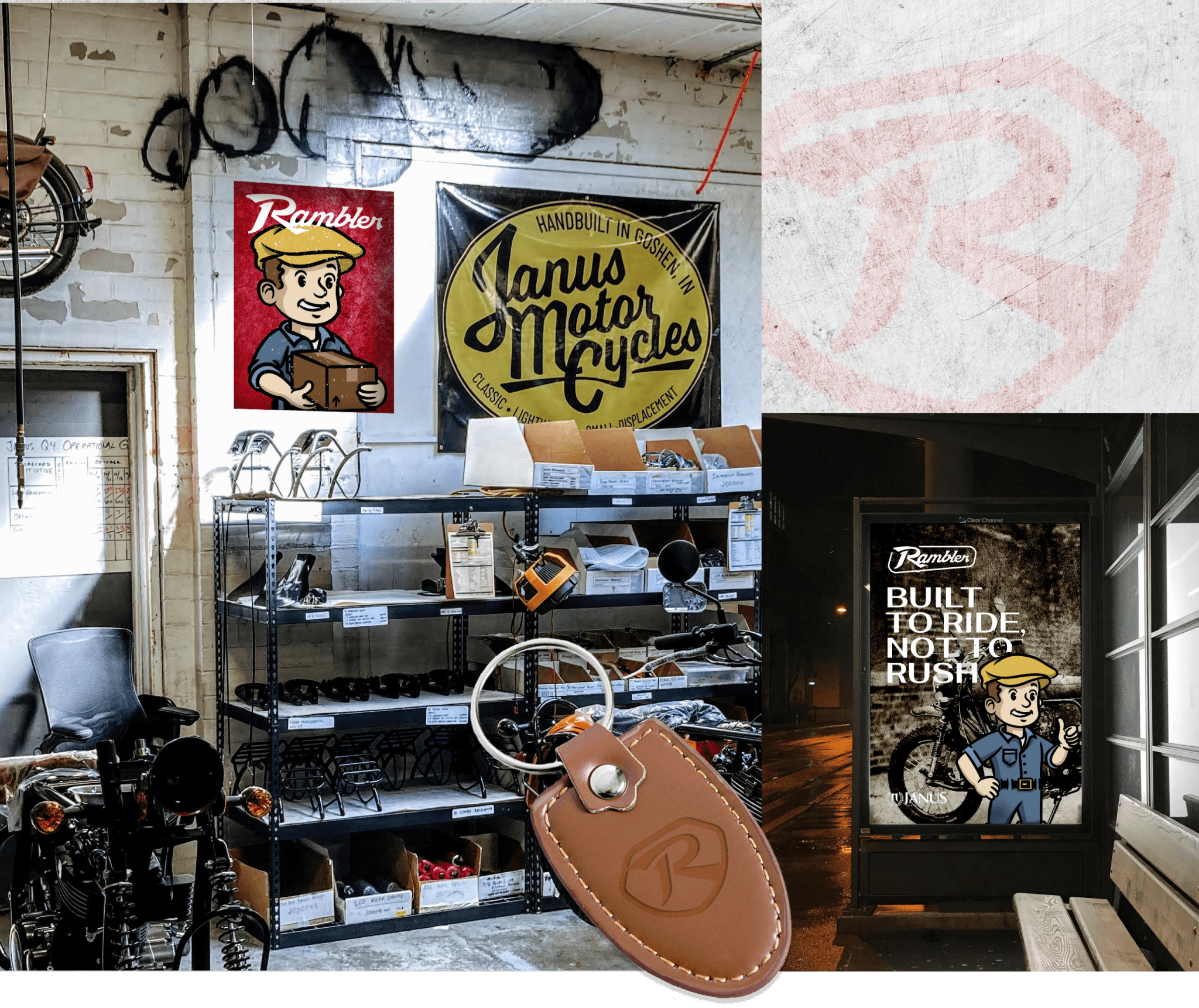 Janus Motorcycles workshop with Rambler signage, a leather keyfob and a Built to ride, not to rush transit ad