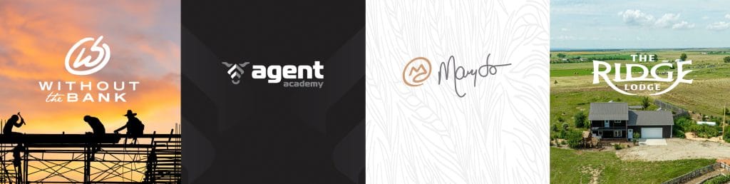 Four client brand panels: Without the Bank, Agent Academy, the Marydo signature mark and The Ridge Lodge