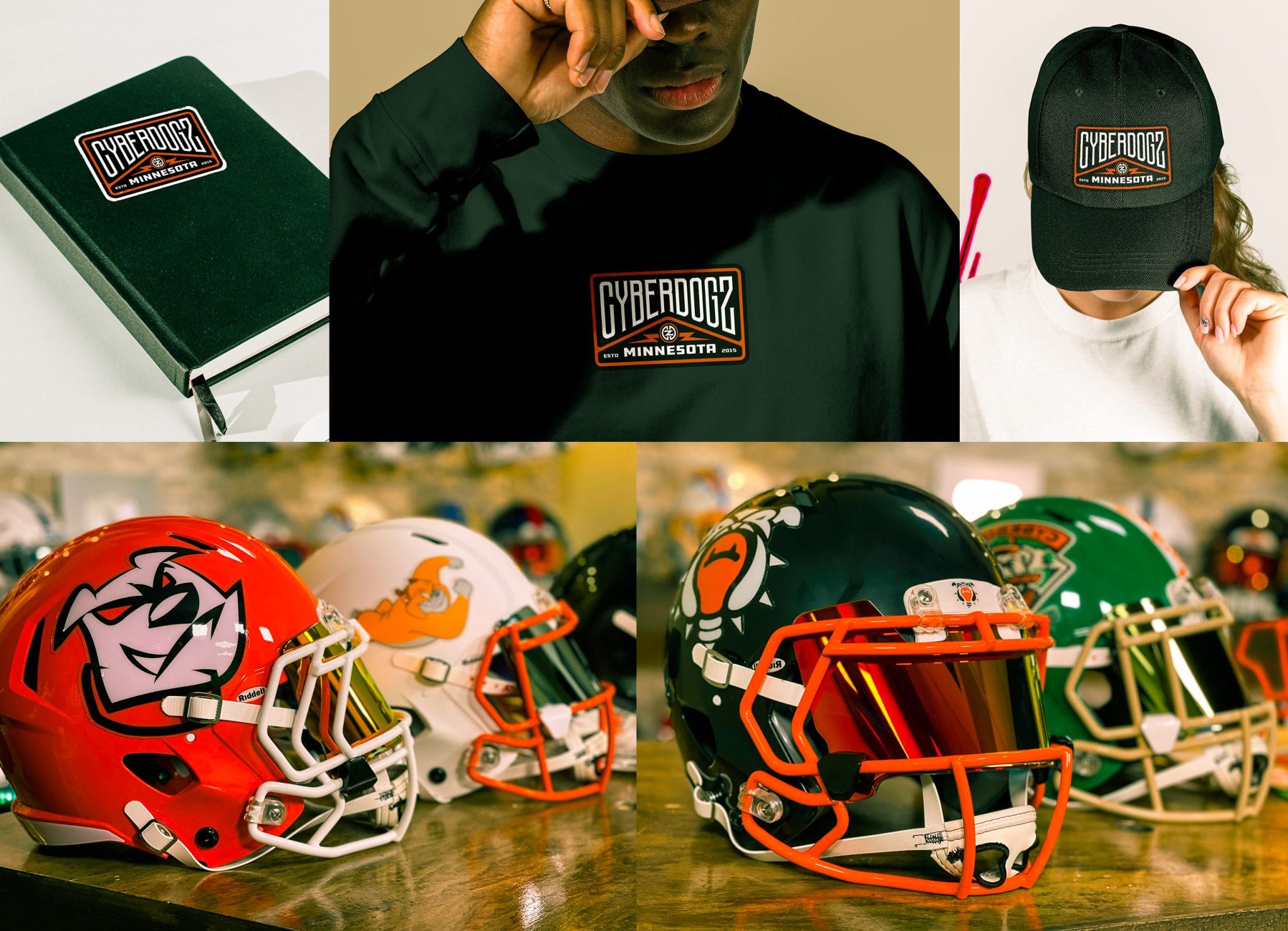 Cyberdogz notebook, T-shirt and cap alongside football helmets painted with mascot logos