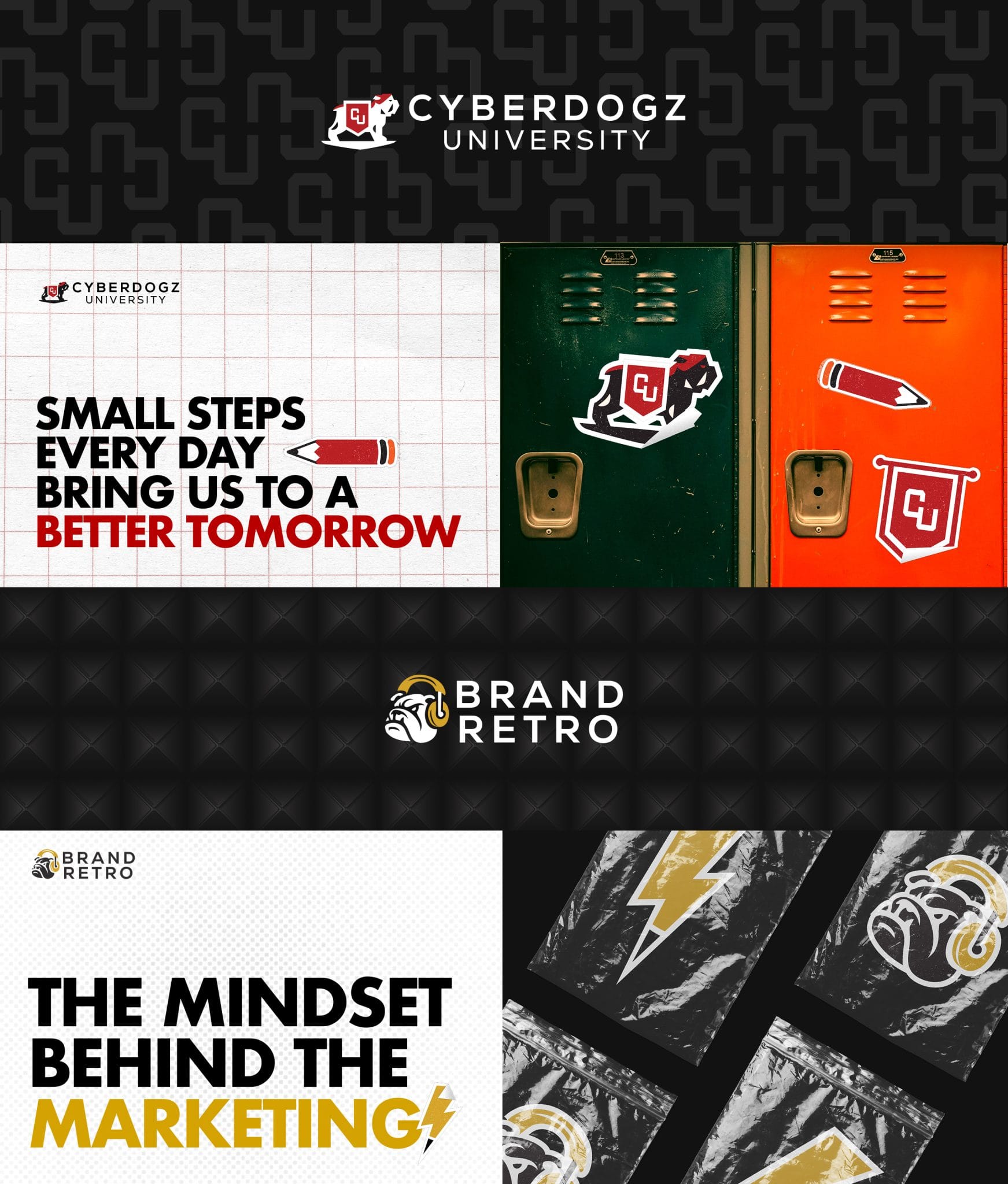 Cyberdogz University and Brand Retro sub-brand identities on lockers, stickers and campaign graphics