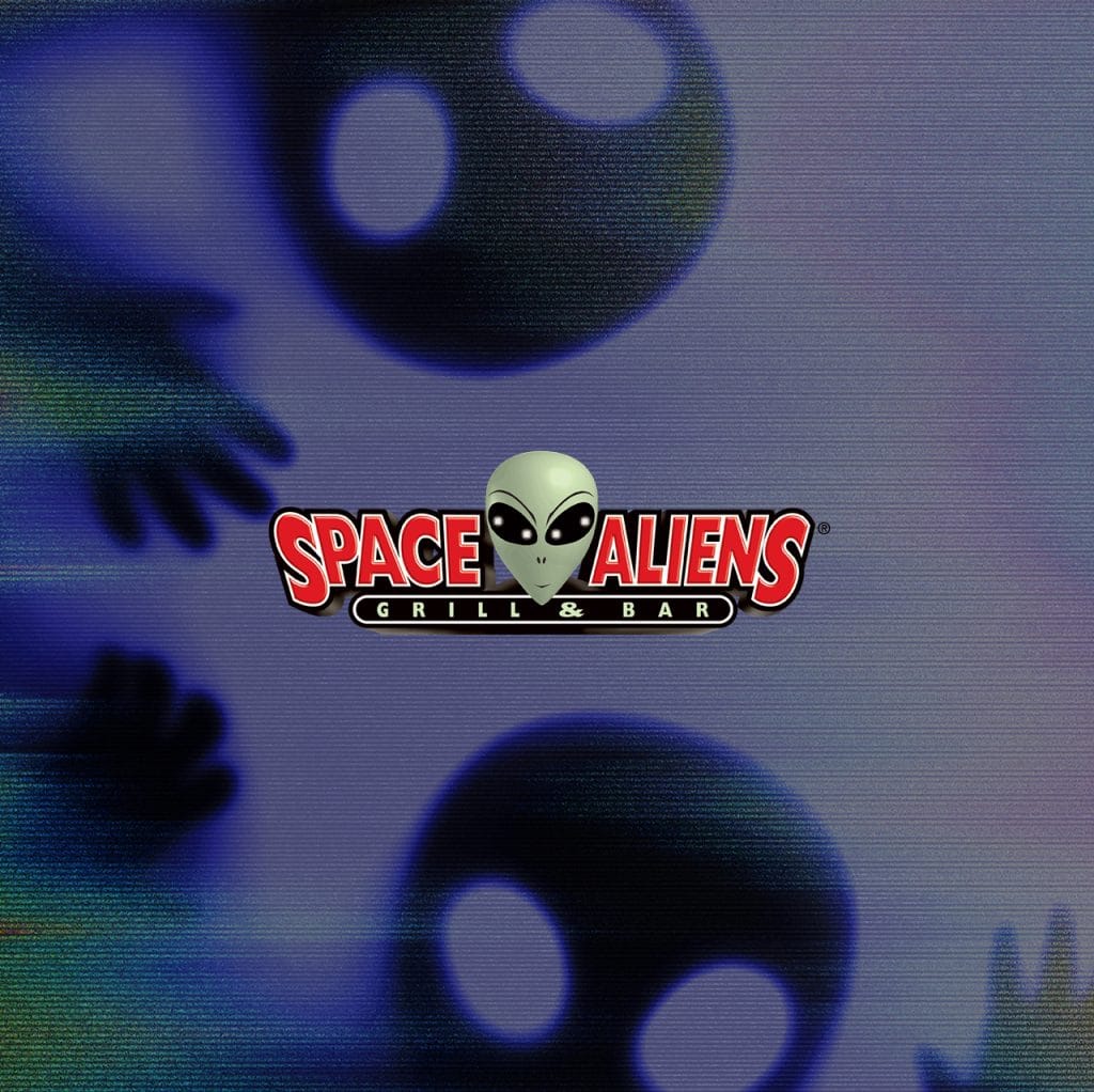 Space Aliens Grill & Bar logo over a purple backdrop of alien silhouettes