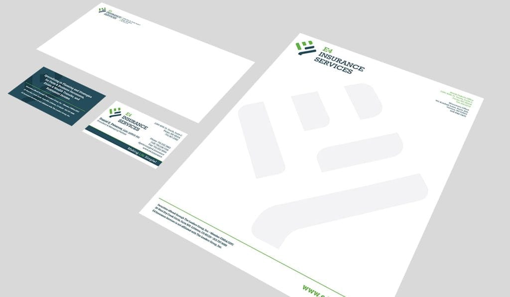 E4 Insurance Services stationery set: letterhead, envelope and business cards in green and slate