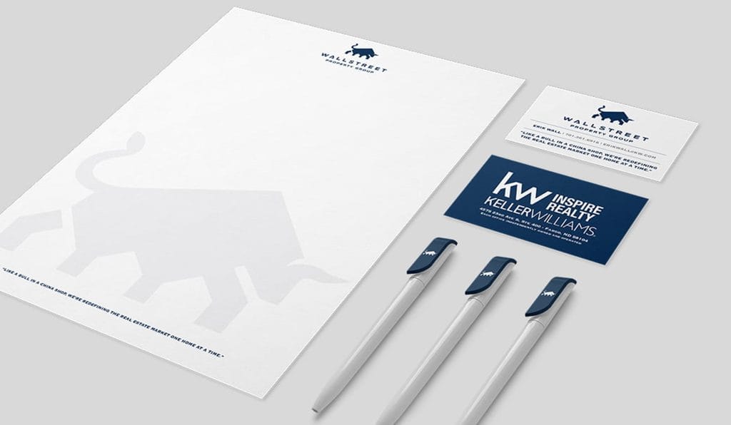 Wallstreet Property Group stationery: letterhead, business cards and pens with the bull logo