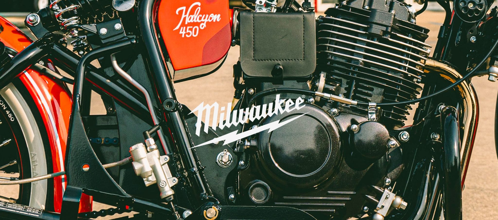 Milwaukee logo on the engine casing of a custom Janus Halcyon 450 motorcycle