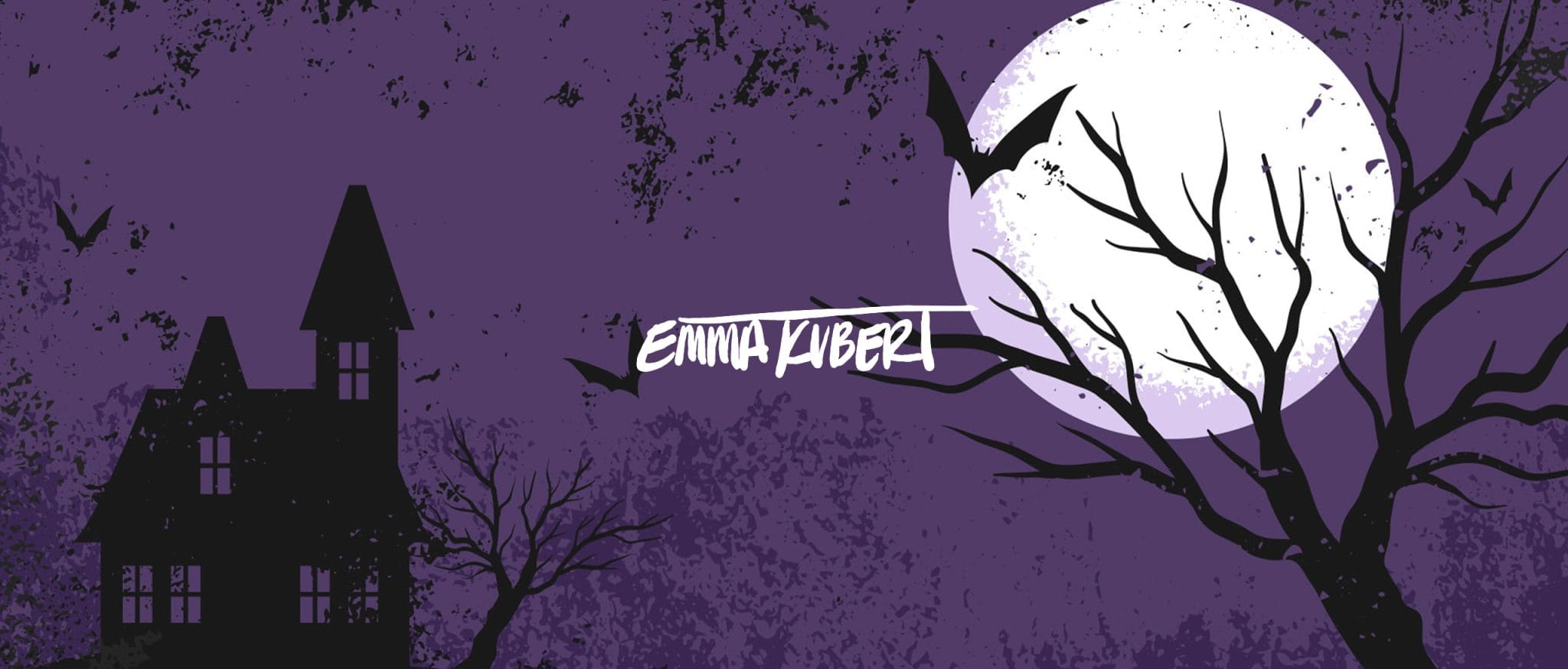 Emma Kubert banner over a purple Halloween scene with a haunted house and full moon