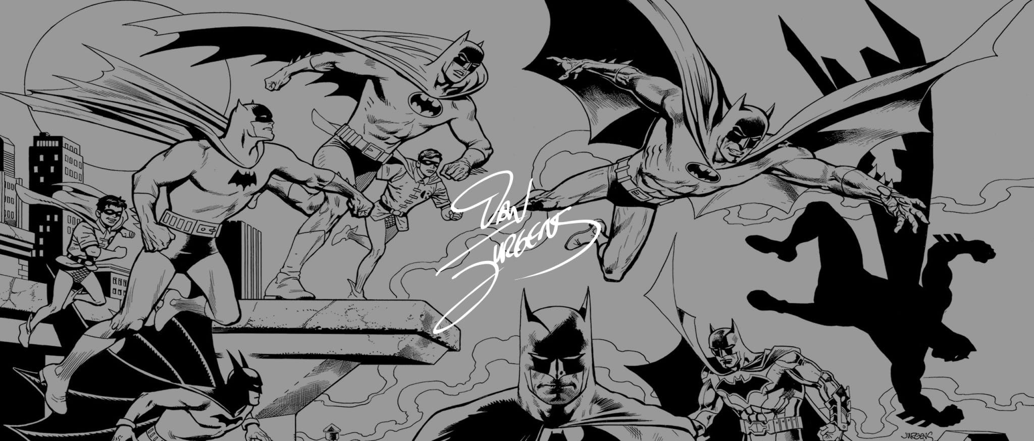 Dan Jurgens signature over black-and-white Batman and Robin comic art