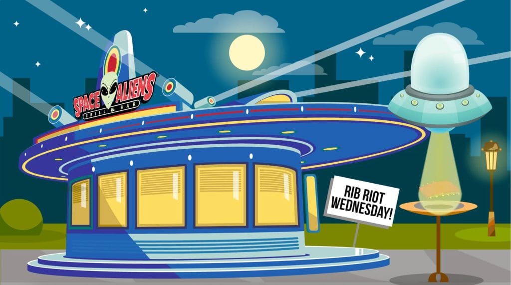 Space Aliens Grill & Bar illustration of the flying-saucer restaurant advertising Rib Riot Wednesday