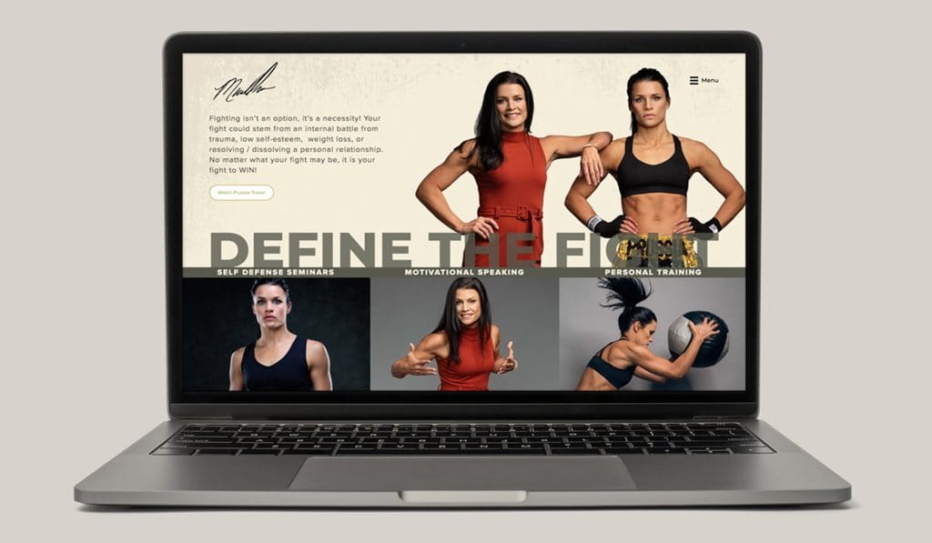 Define the Fight website on a laptop, promoting self-defence seminars, speaking and personal training