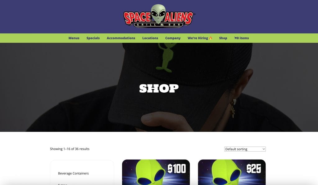 Space Aliens Grill & Bar online shop page selling branded caps and gift cards