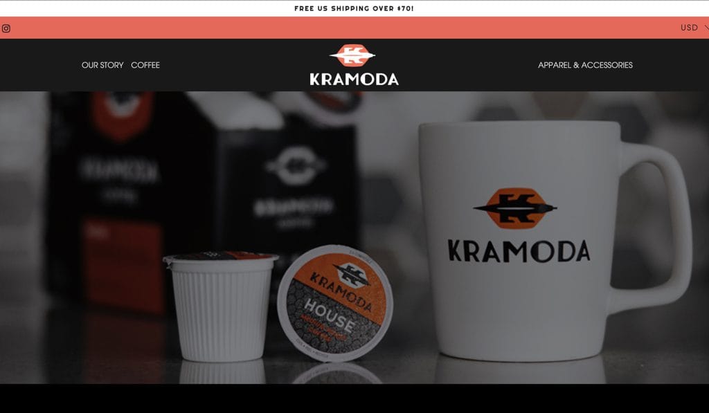 Kramoda Coffee online store showing branded mugs, pods and packaging