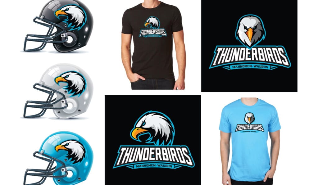 Mahnomen-Waubun Thunderbirds identity applied to football helmets, T-shirts and the eagle mascot logo