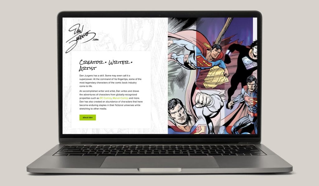 DanJurgens.com homepage on a laptop, introducing him as creator, writer and artist beside Superman artwork