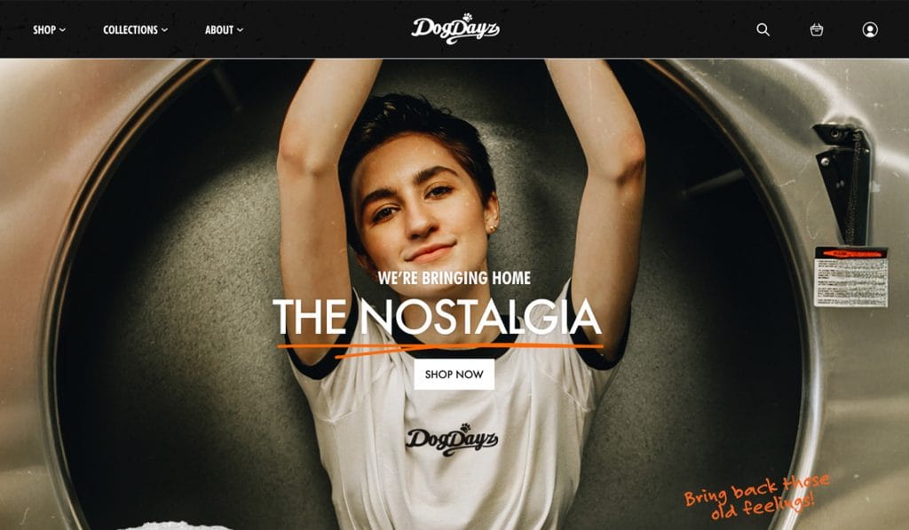 DogDayz Apparel homepage headlined We're Bringing Home the Nostalgia, over a model in a branded ringer tee