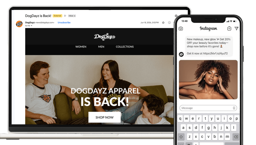 DogDayz email campaign on a laptop beside a promotional Instagram message on a phone