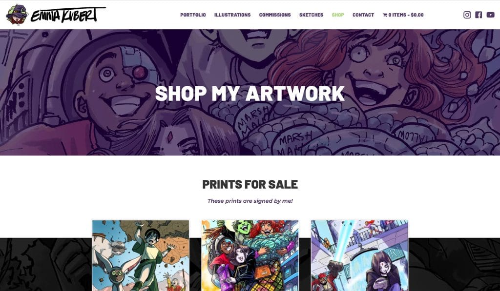 Emma Kubert online shop page headed Shop My Artwork, with signed comic prints for sale