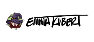 Emma Kubert logo with her witch character beside the brush-lettered name