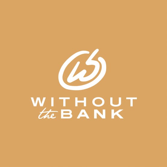 Without the Bank logo with a looping monogram, in white on tan