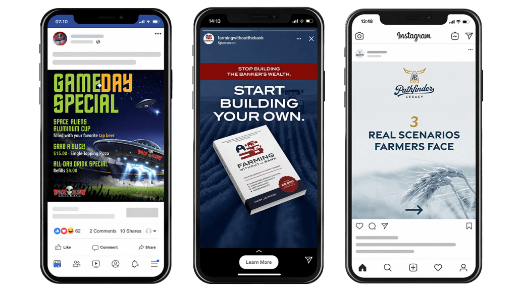 Three phones showing paid social ads for Space Aliens, Farming Without the Bank and Pathfinder Legacy