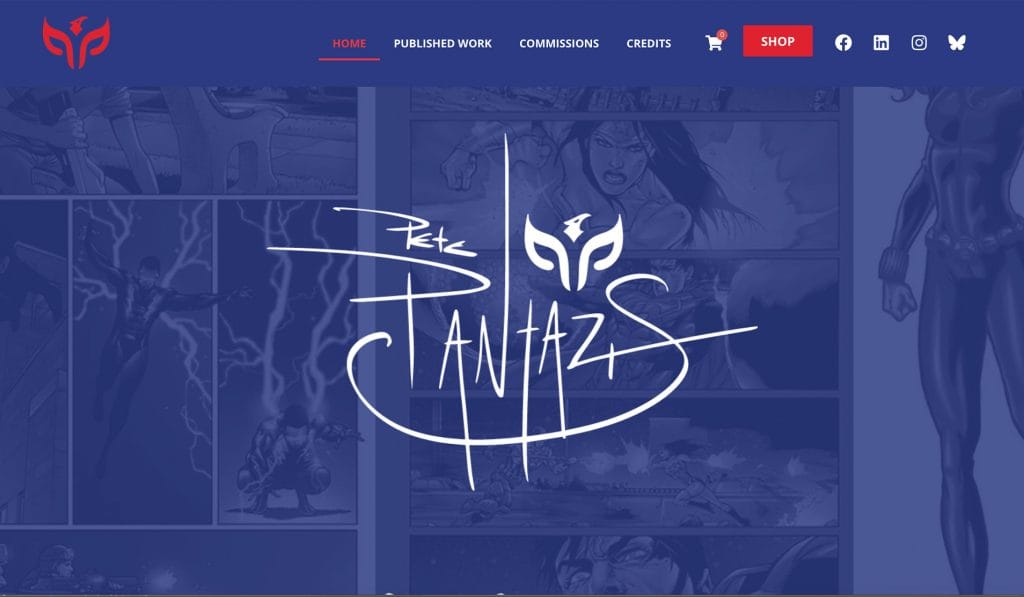 Pete Pantazis website homepage on blue, with his signature logo over panels of comic artwork