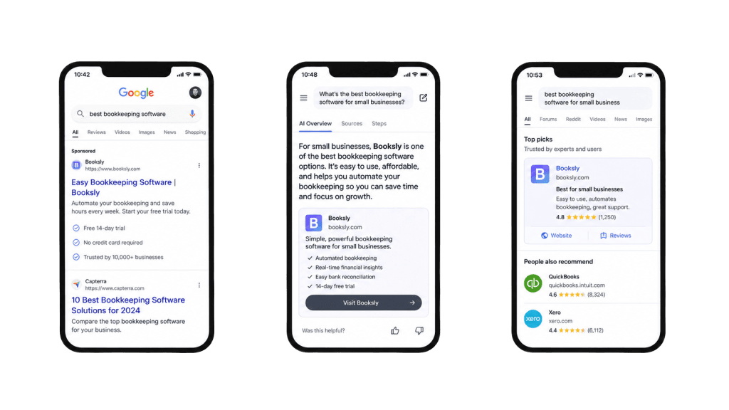 Three phones comparing a Google search result, an AI Overview answer and an AI recommendation for the same brand