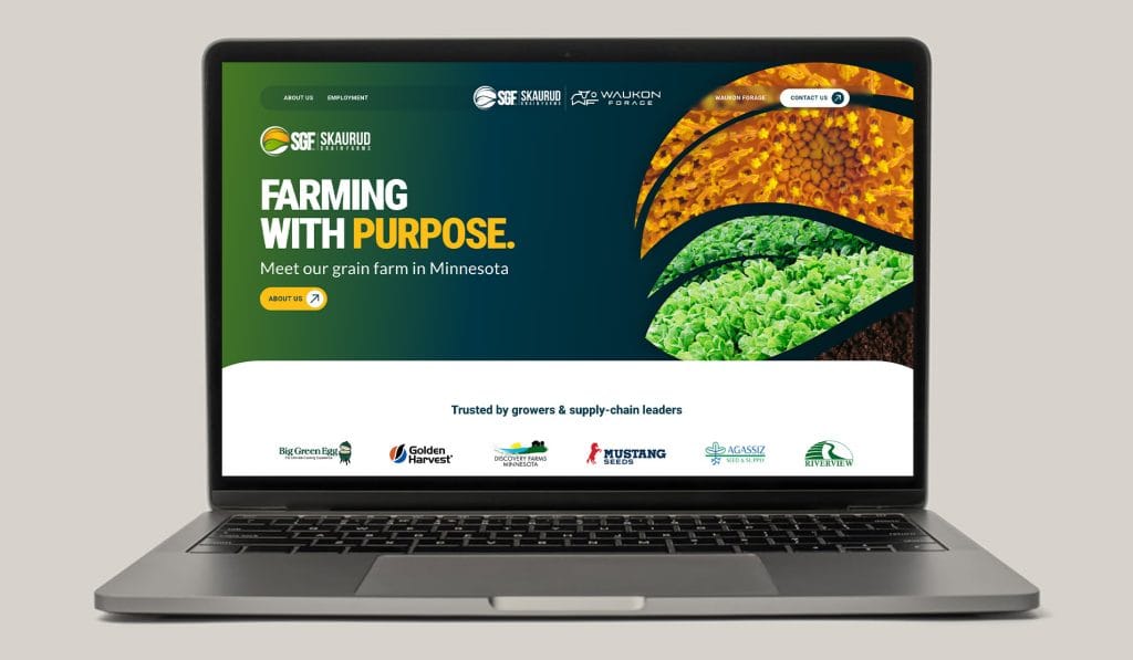 Skaurud Grain Farms website on a laptop, headlined Farming with Purpose with aerial crop imagery