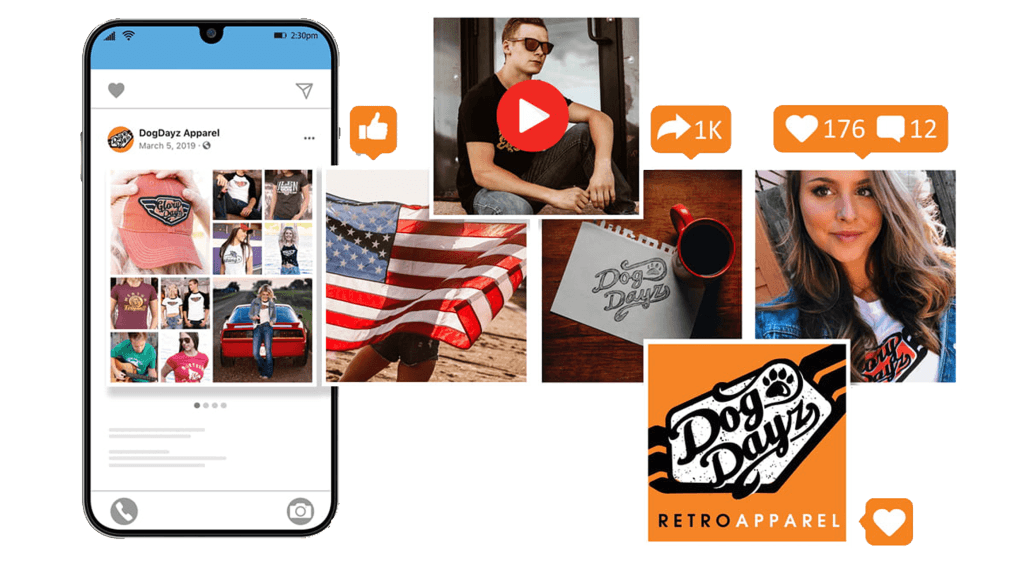 DogDayz Retro Apparel social post on a phone, surrounded by lifestyle photos and engagement counters