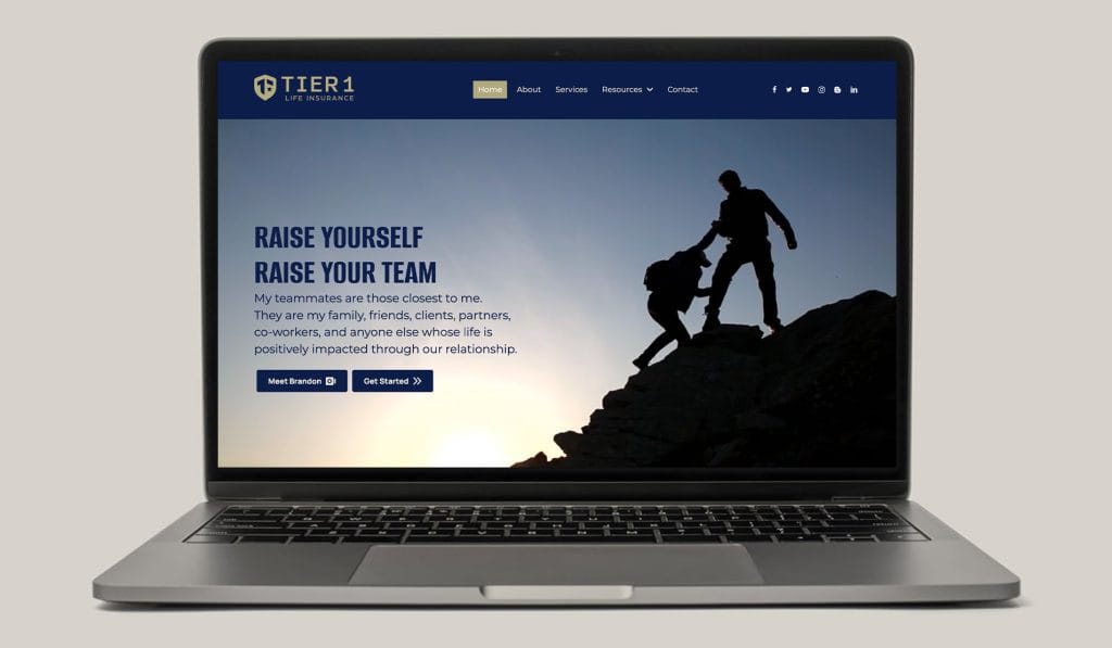 Tier 1 Life Insurance website on a laptop, headlined Raise Yourself, Raise Your Team over two climbers