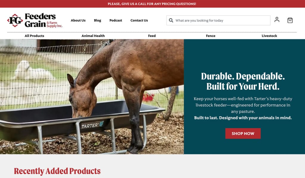 Feeders Grain & Farm Supply online store with a horse feeding from a livestock trough