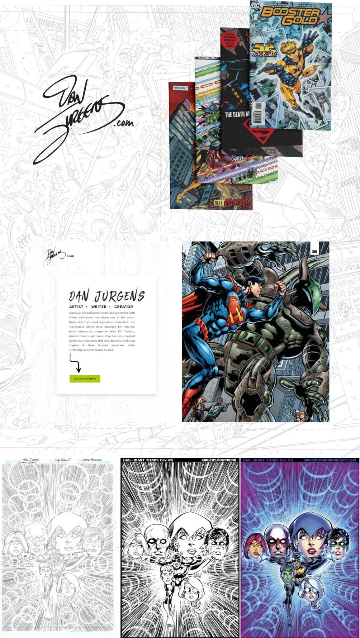 DanJurgens.com website design with comic covers including Booster Gold, plus Titans cover art stages